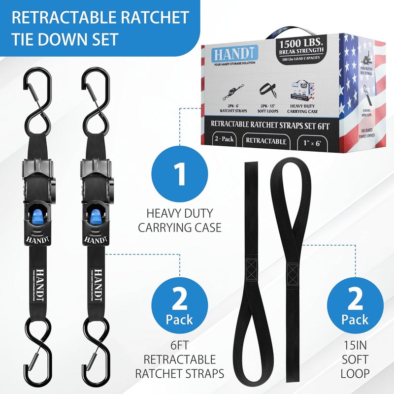 HANDT USA Based Retractable Ratchet Straps (2PK) 1in x 6ft - 1,500lb Break Strength, Heavy Duty Automatic Ratchet Straps Self Retractable Tie Down, Push Button Retracting Truck Trailer Cargo | Black - Image 4